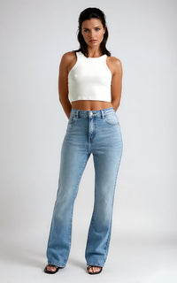 Women’s Mid Blue Bootcut Jeans – High-Rise Stretch Denim
