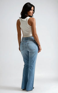 Women’s Mid Blue Bootcut Jeans – High-Rise Stretch Denim