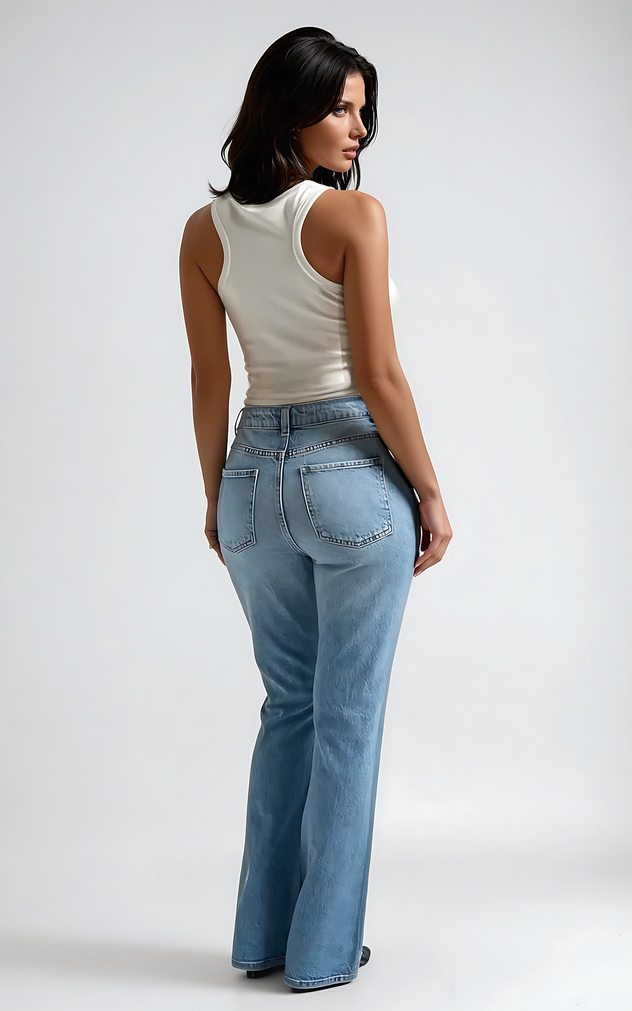 Women’s Mid Blue Bootcut Jeans – High-Rise Stretch Denim