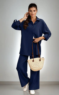 Relaxed 2-Piece Co-Ord Set – Longline Shirt with Roll-Up Sleeves & Trousers
