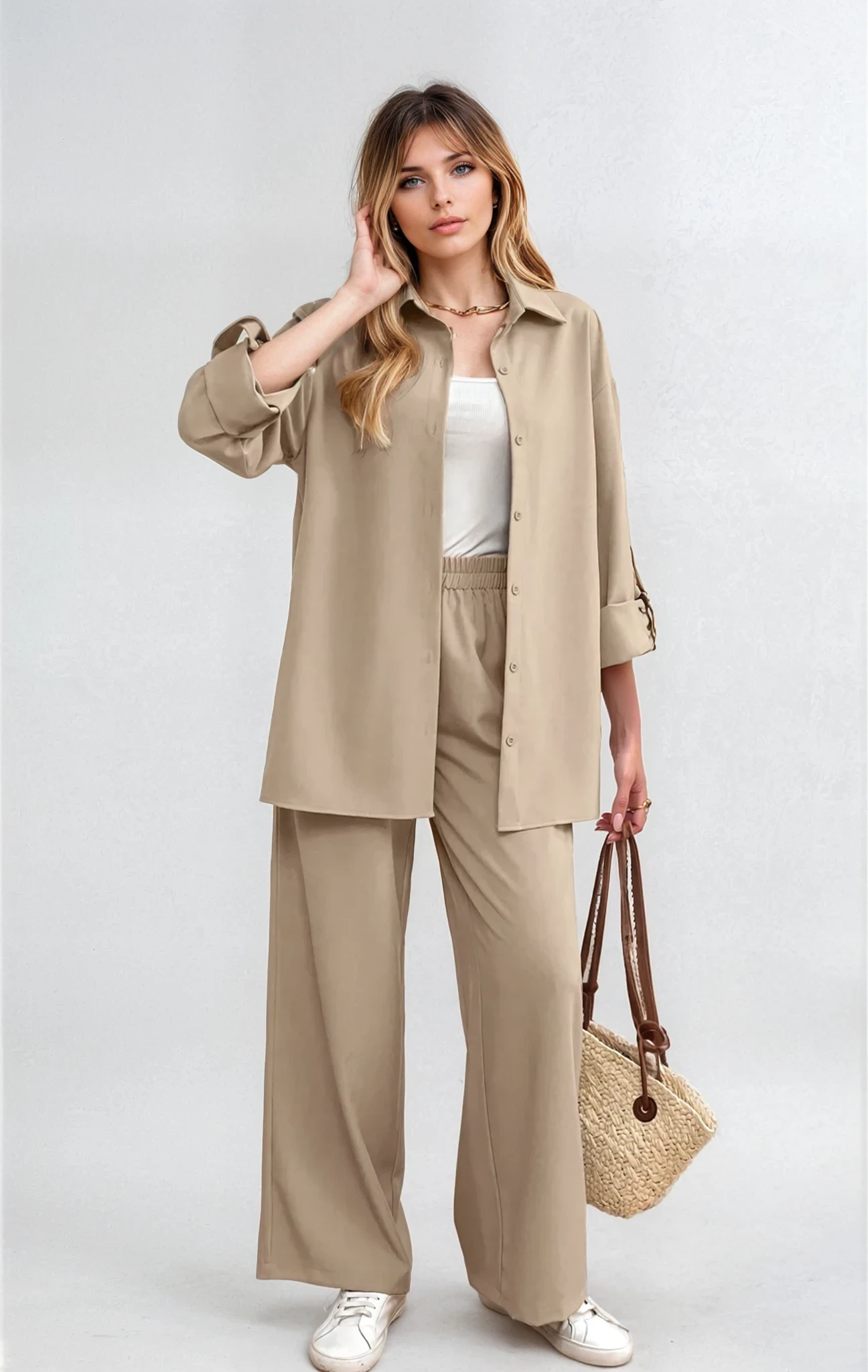 Relaxed 2-Piece Co-Ord Set – Longline Shirt with Roll-Up Sleeves & Trousers