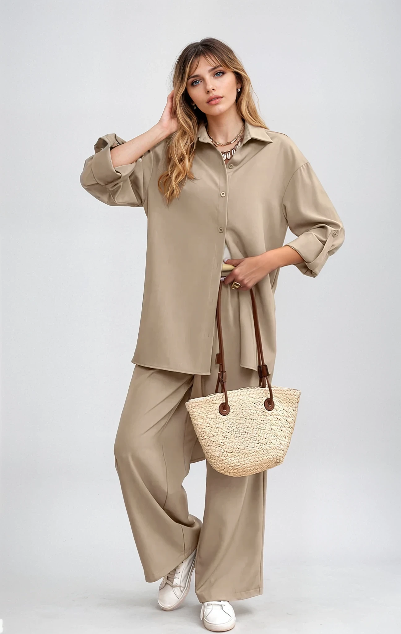 Relaxed 2-Piece Co-Ord Set – Longline Shirt with Roll-Up Sleeves & Trousers