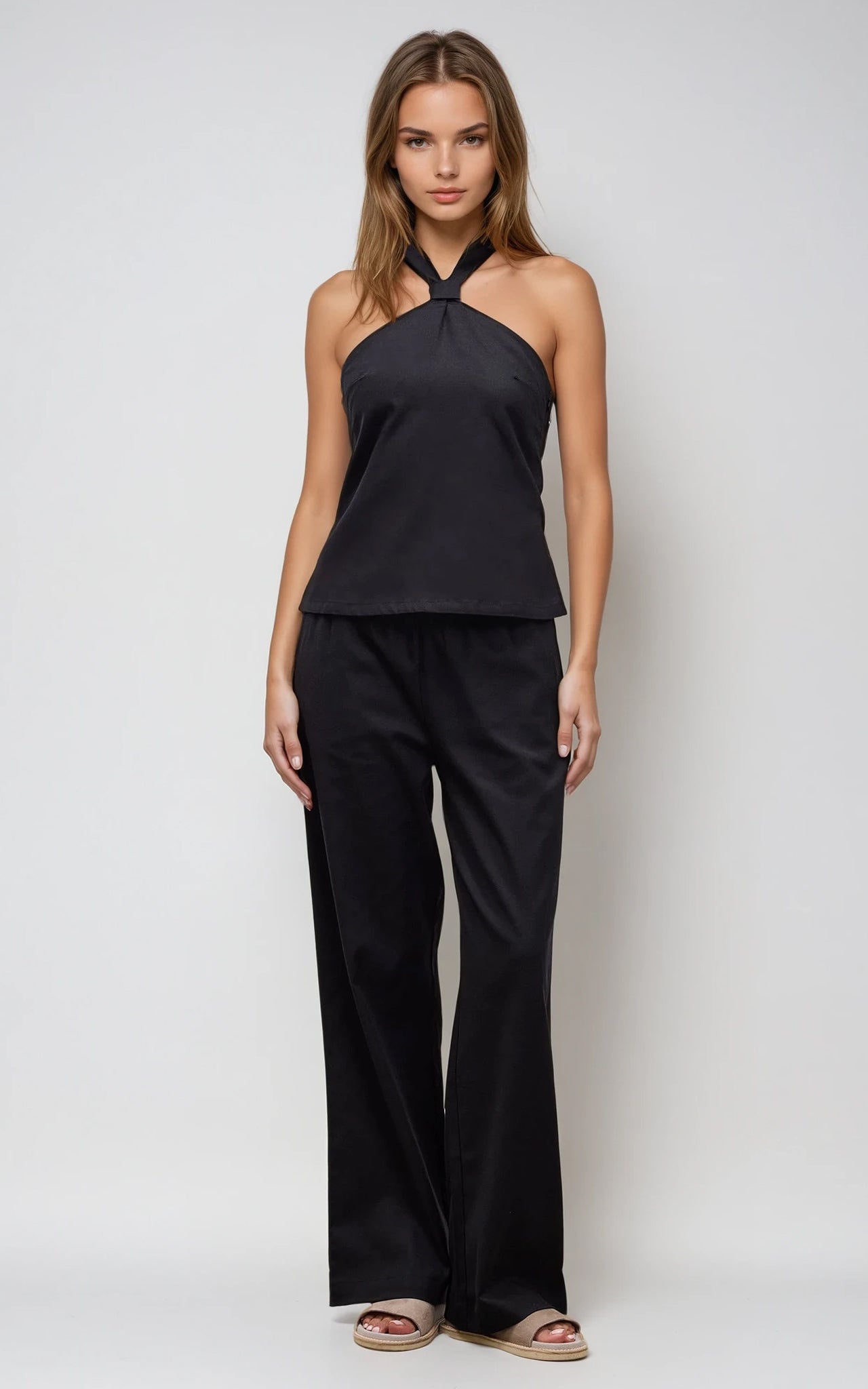 Women’s Stone Linen Blend Trousers – Relaxed Straight Leg Beige