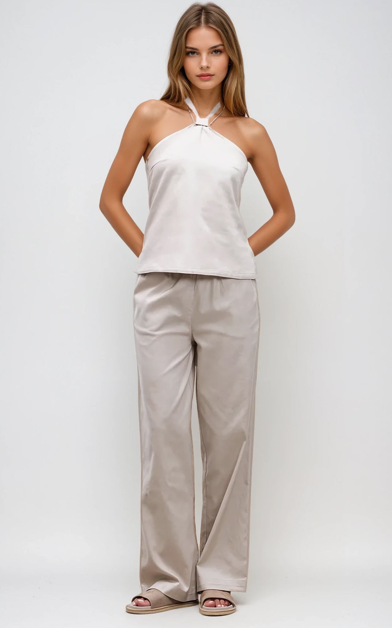 Women’s Stone Linen Blend Trousers – Relaxed Straight Leg Beige