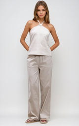 Women’s Stone Linen Blend Trousers – Relaxed Straight Leg Beige