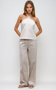 Women’s Stone Linen Blend Trousers – Relaxed Straight Leg Beige