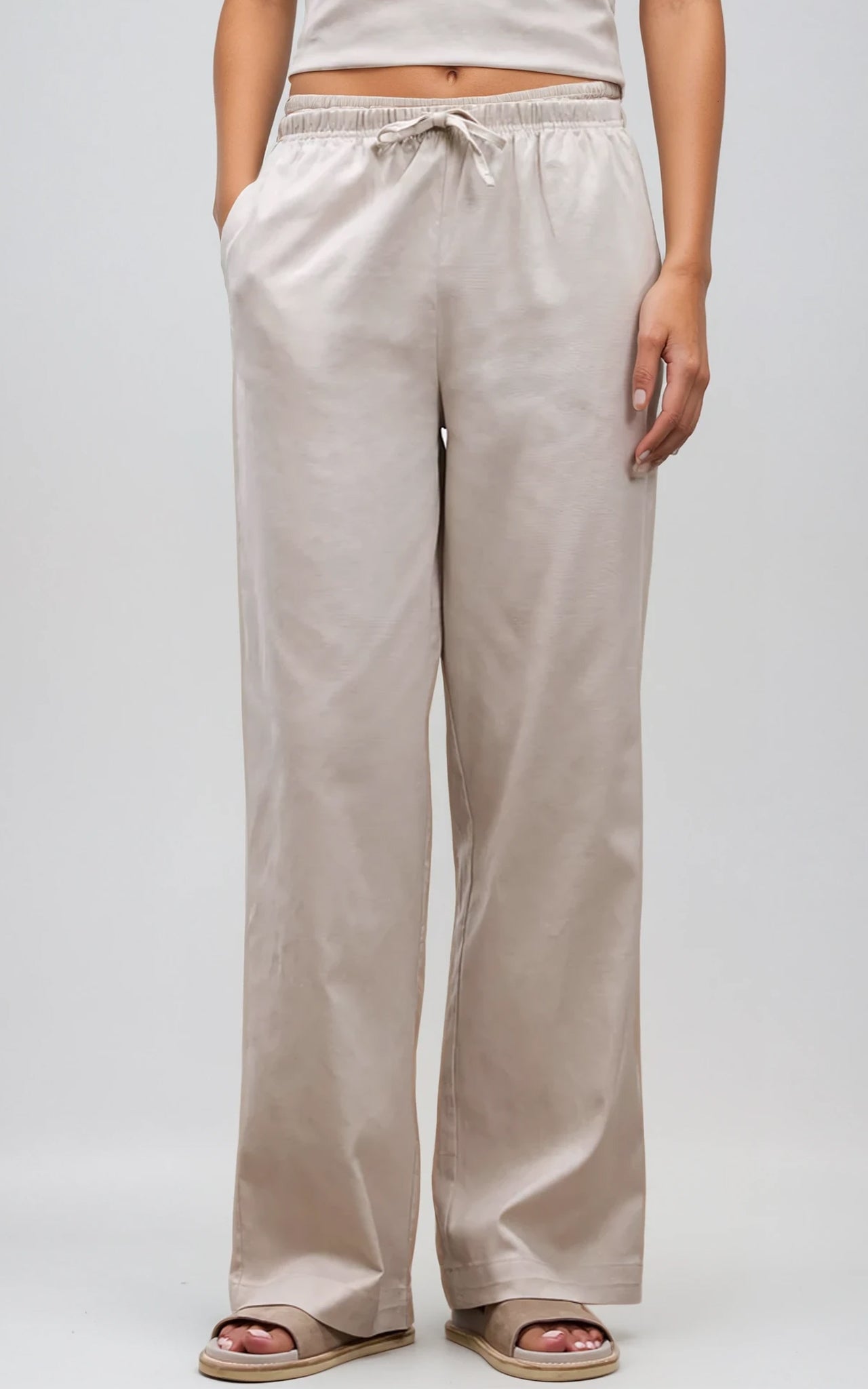 Women’s Stone Linen Blend Trousers – Relaxed Straight Leg Beige