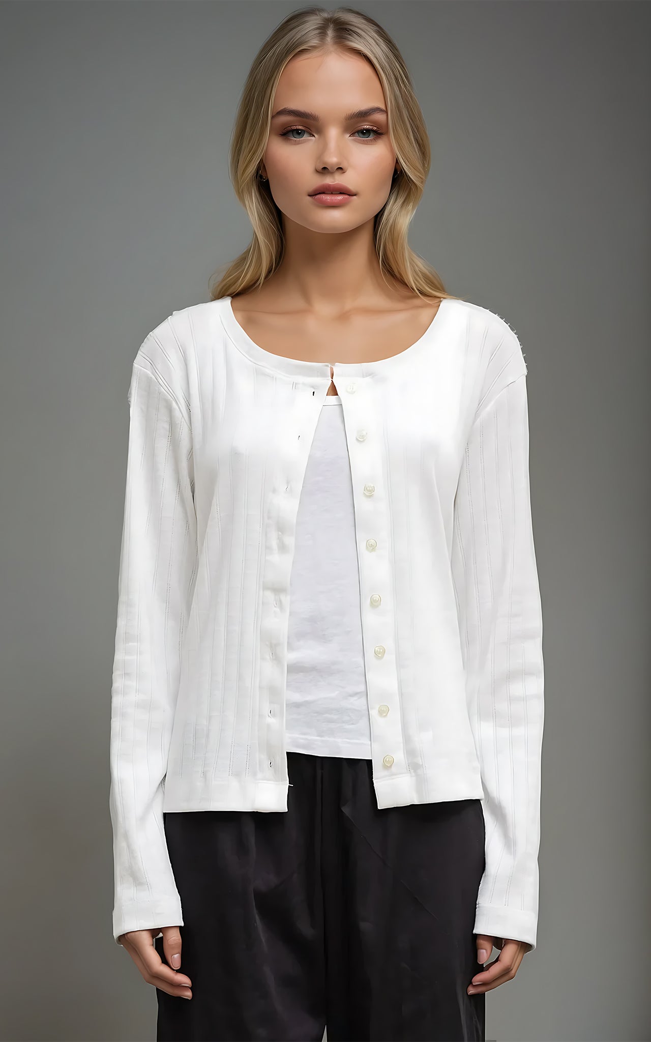 Pointelle Knit Crew Neck Cardigan – Lightweight & Timeless Fit White