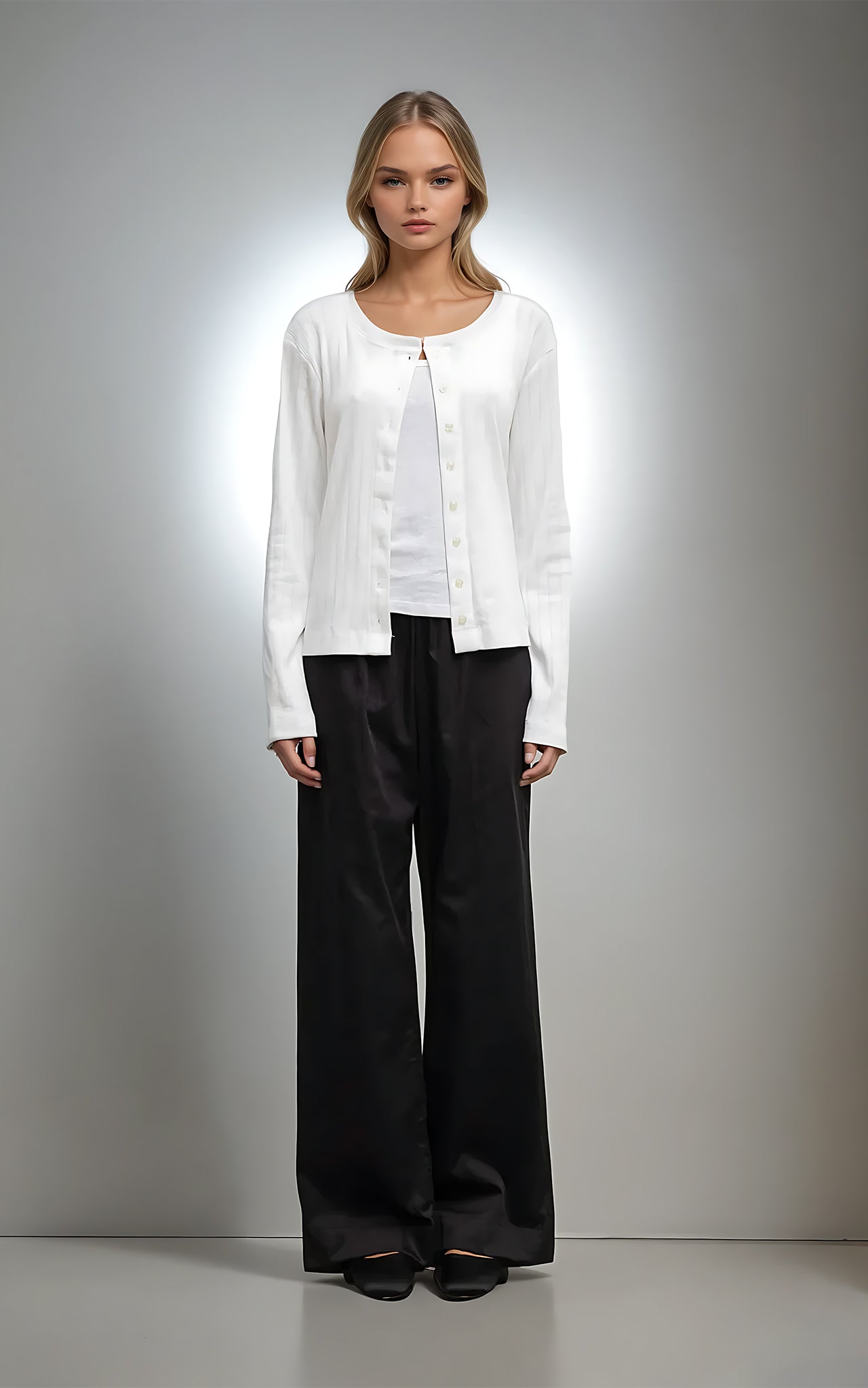 Pointelle Knit Crew Neck Cardigan – Lightweight & Timeless Fit White