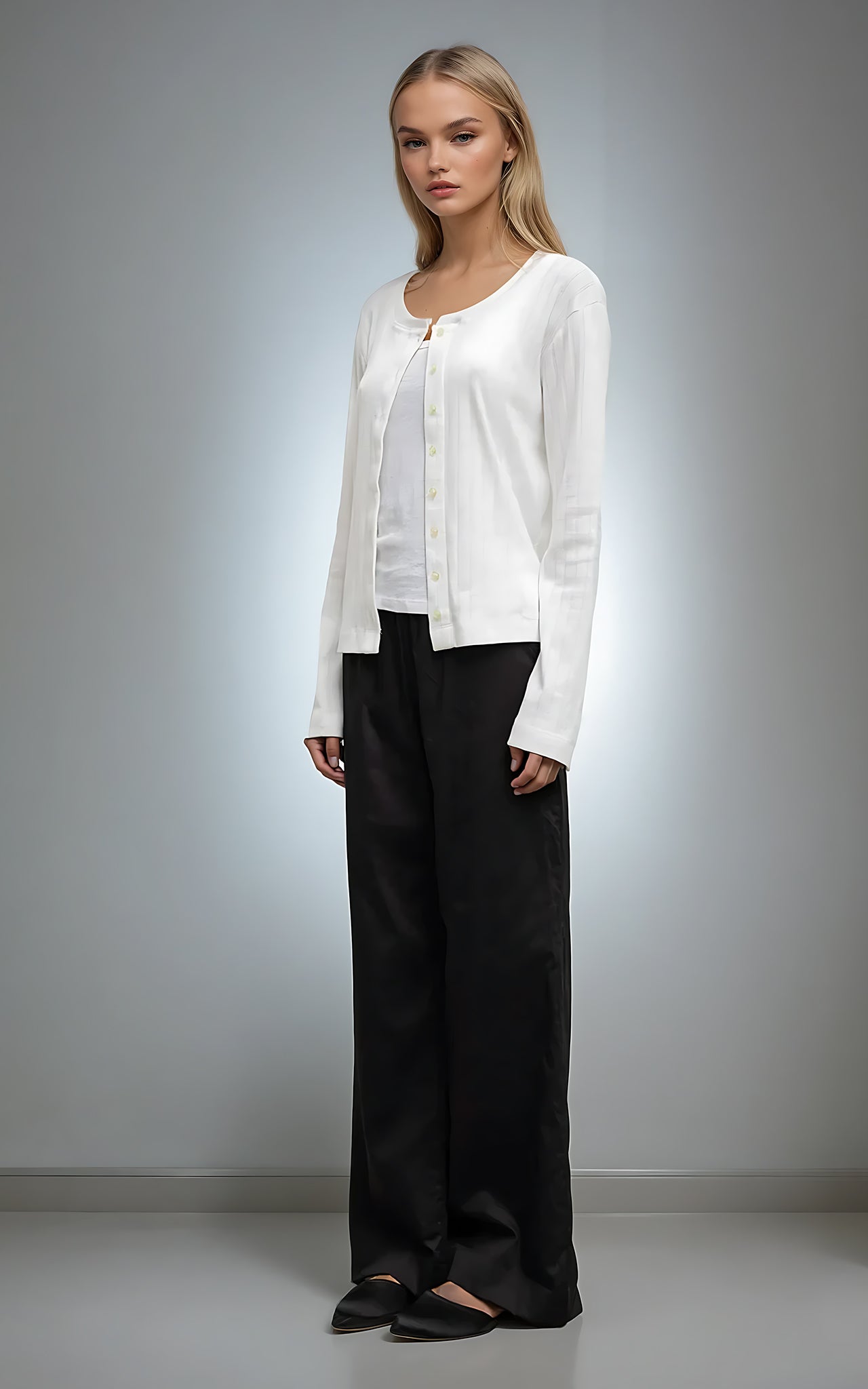 Pointelle Knit Crew Neck Cardigan – Lightweight & Timeless Fit White