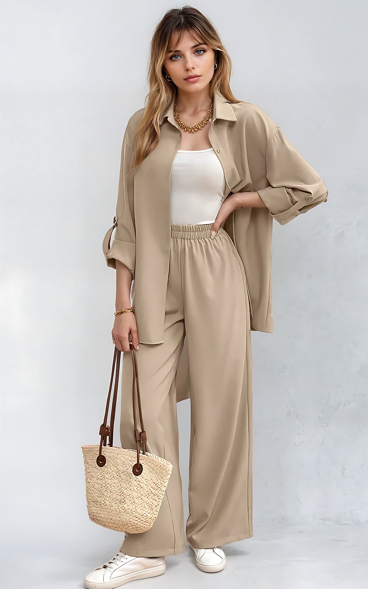 Relaxed 2-Piece Co-Ord Set – Longline Shirt with Roll-Up Sleeves & Trousers Stone