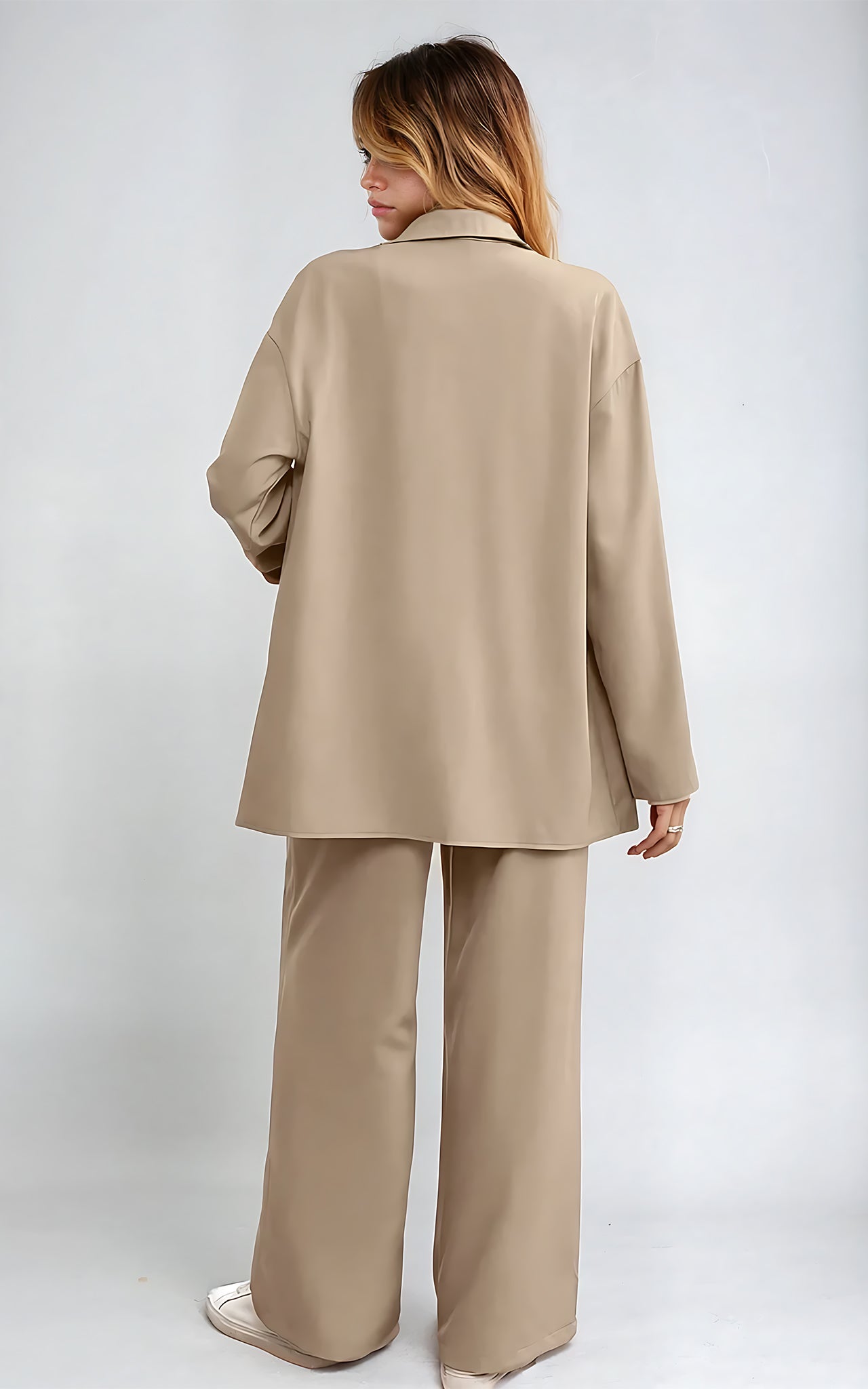 Relaxed 2-Piece Co-Ord Set – Longline Shirt with Roll-Up Sleeves & Trousers Stone