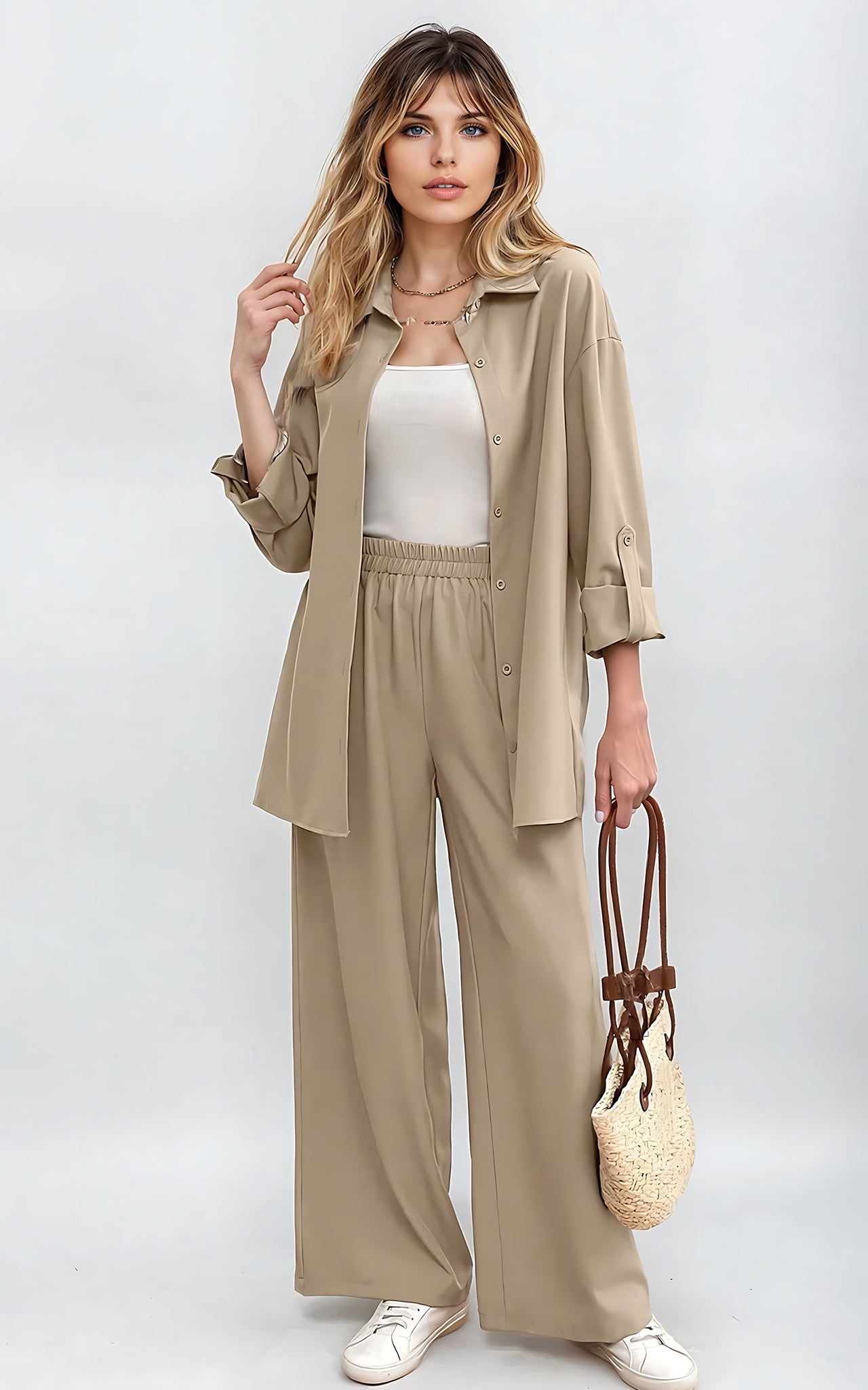 Relaxed 2-Piece Co-Ord Set – Longline Shirt with Roll-Up Sleeves & Trousers Stone