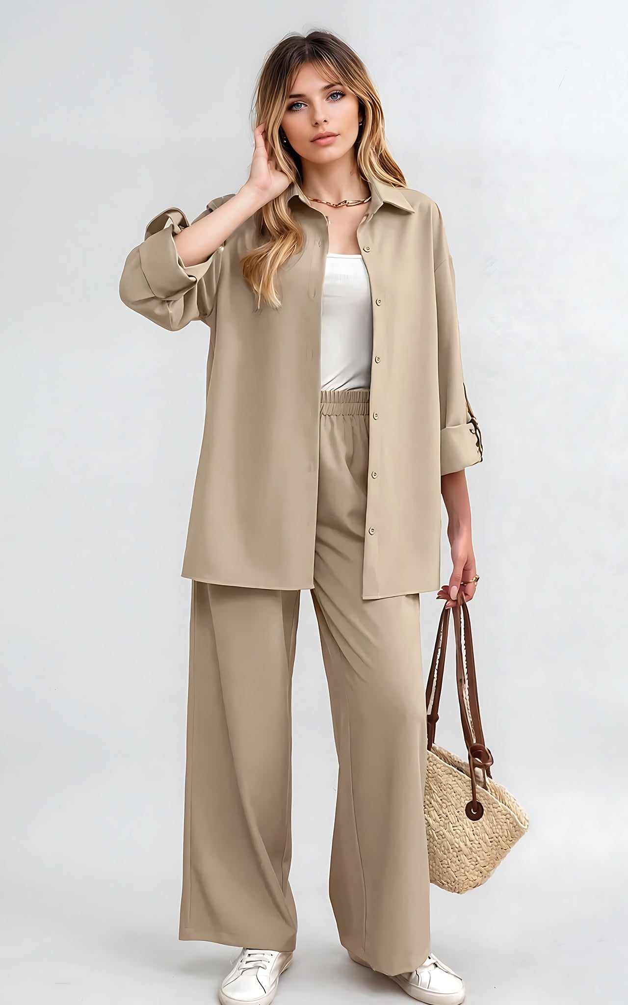 Relaxed 2-Piece Co-Ord Set – Longline Shirt with Roll-Up Sleeves & Trousers Stone