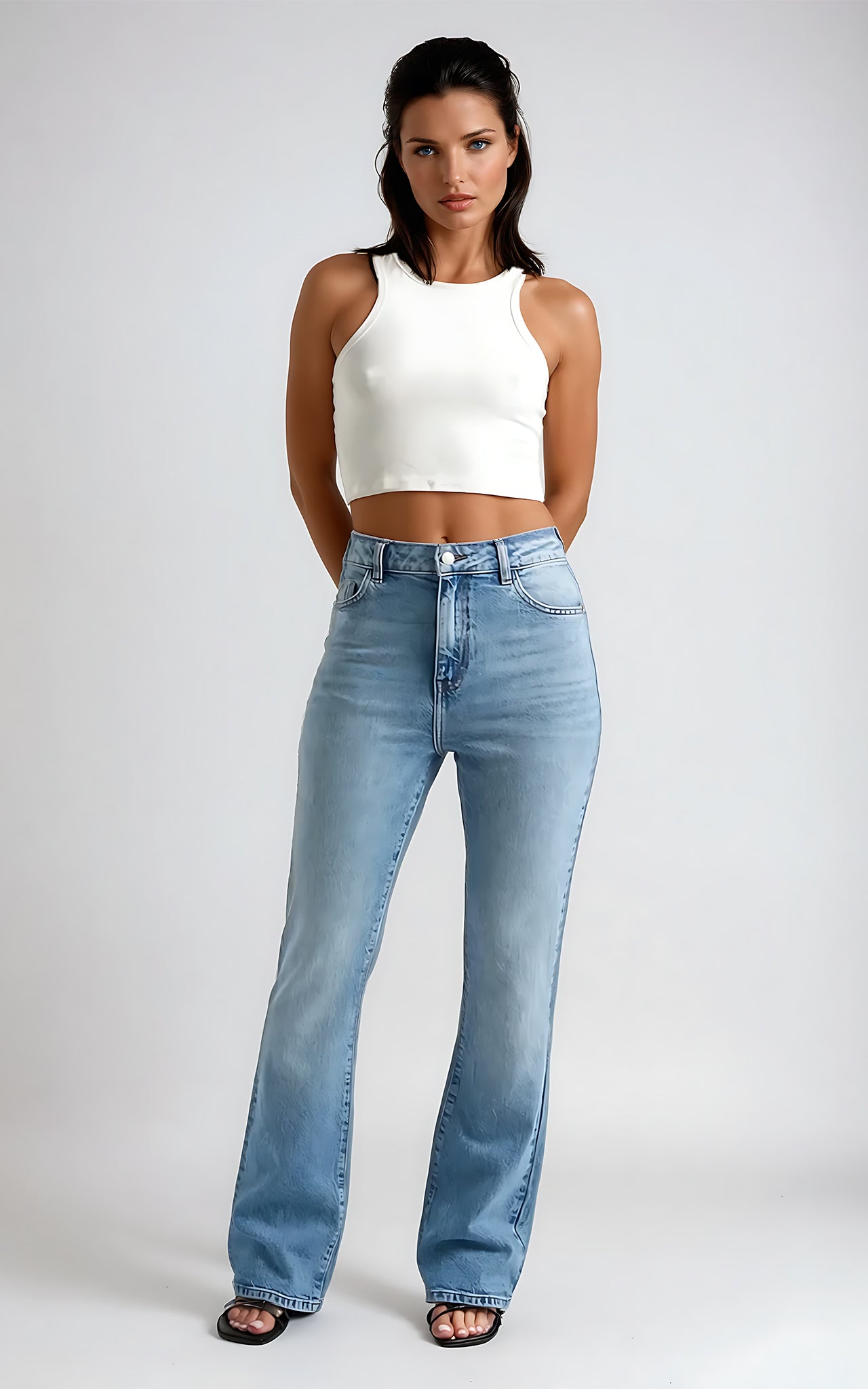 Mid Blue Bootcut Jeans – High Rise Stretch Denim for Women