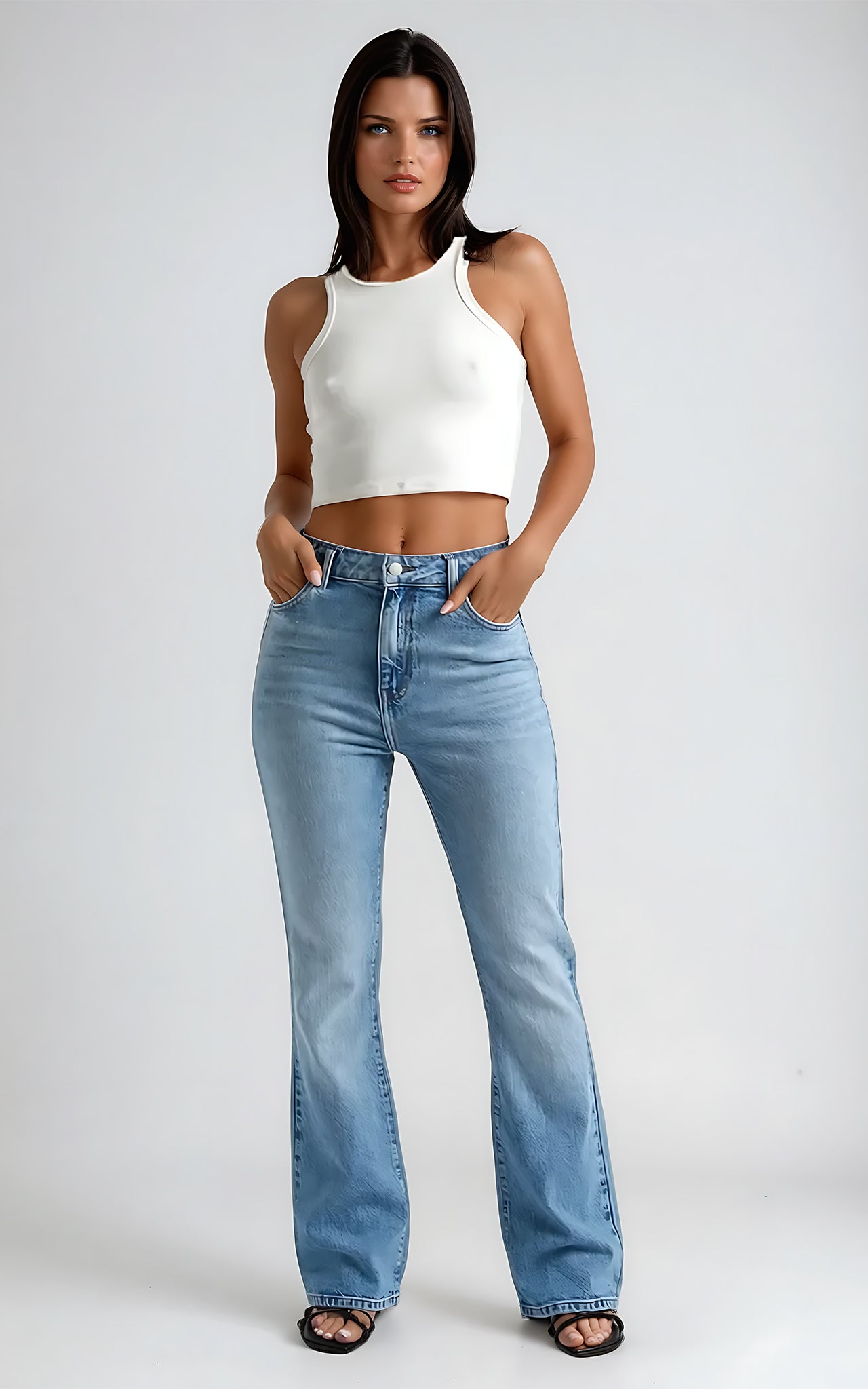 Mid Blue Bootcut Jeans – High Rise Stretch Denim for Women