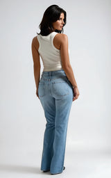 Women’s Mid Blue Bootcut Jeans – High-Rise Stretch Denim