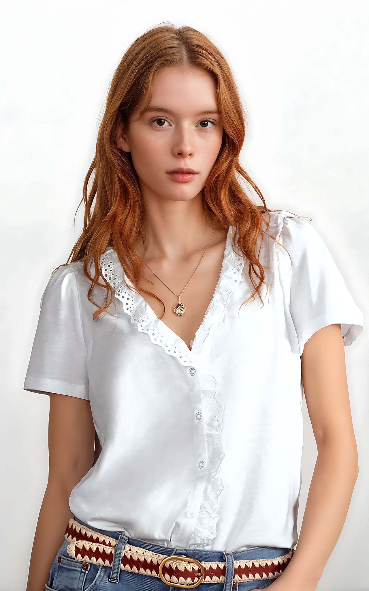 Broderie Anglaise V-Neck Top – Lightweight Embroidered Cotton Blouse Black