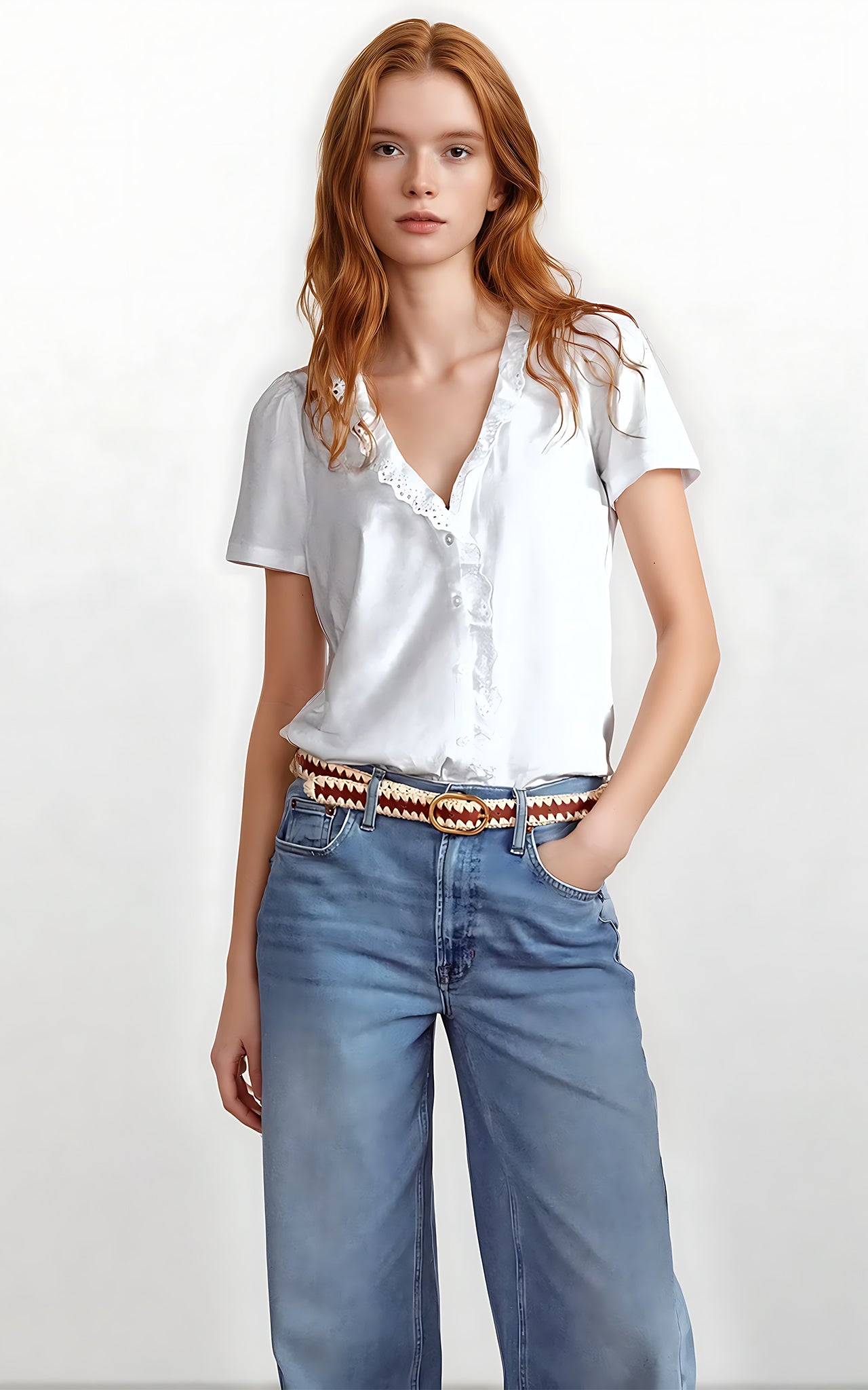 Broderie Anglaise V-Neck Top – Lightweight Embroidered Cotton Blouse Black
