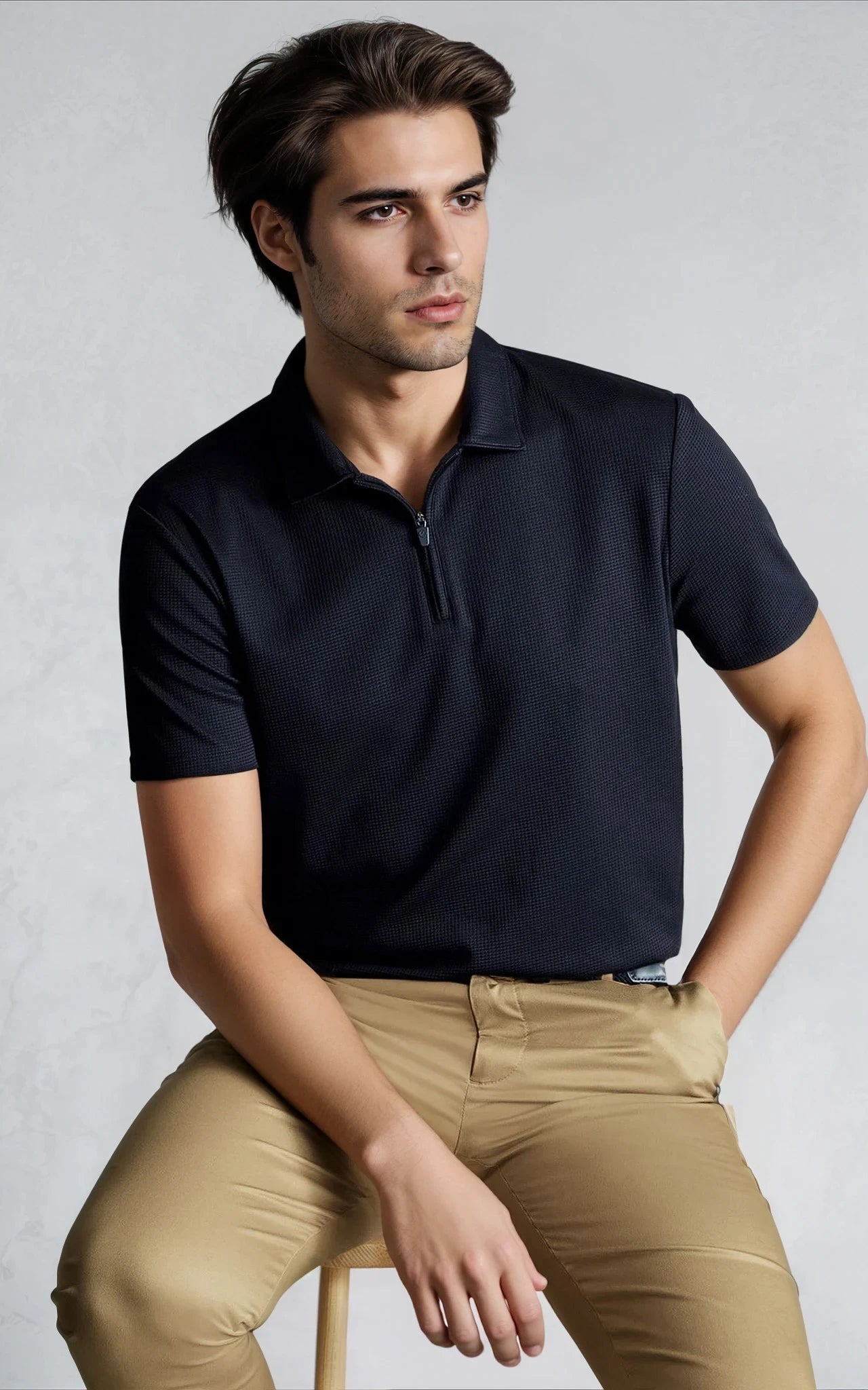 Men’s Performance Textured Zip-Neck Polo -  Black