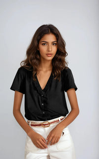 Broderie Anglaise V-Neck Top – Lightweight Embroidered Cotton Blouse Black