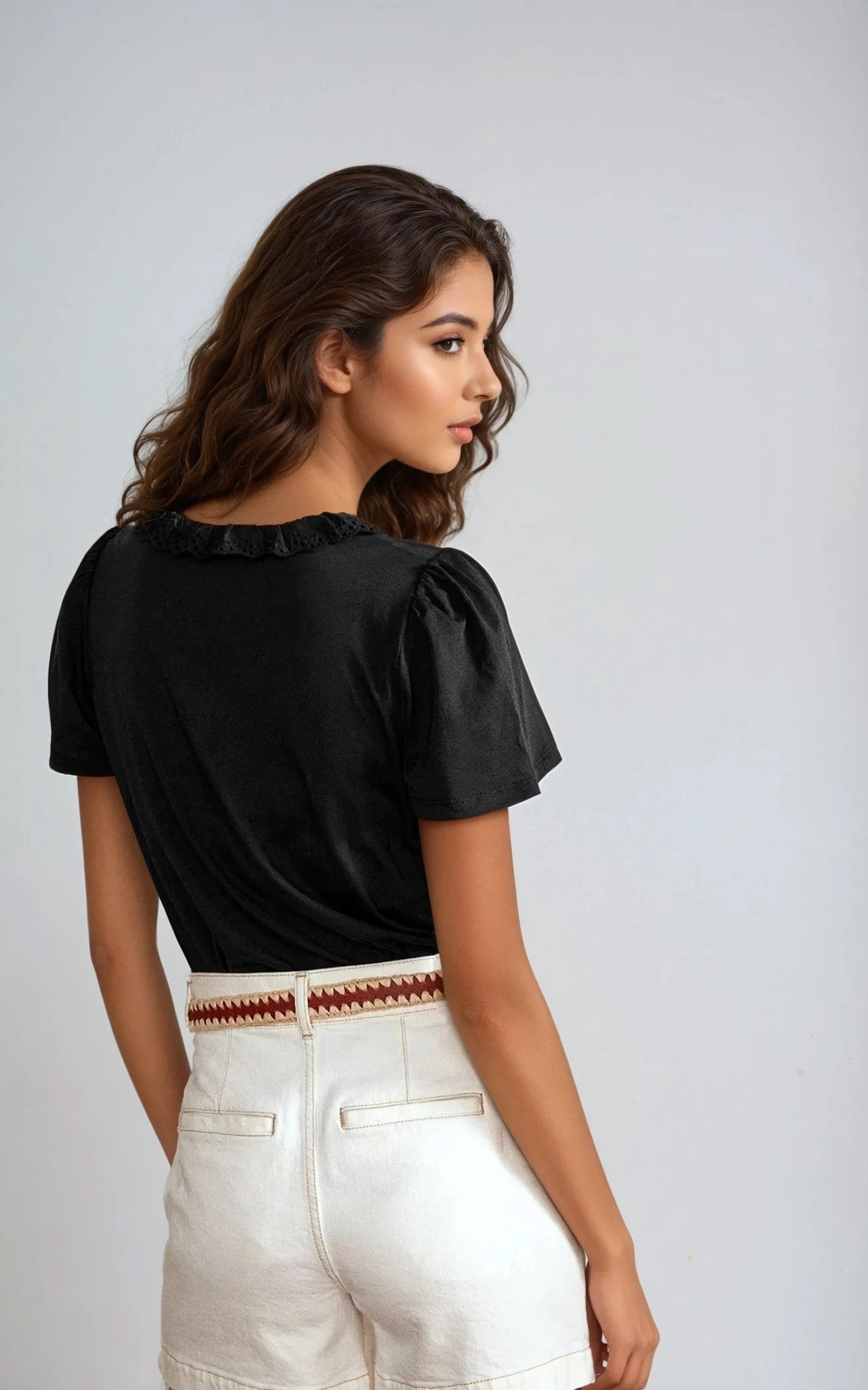 Broderie Anglaise V-Neck Top – Lightweight Embroidered Cotton Blouse Black