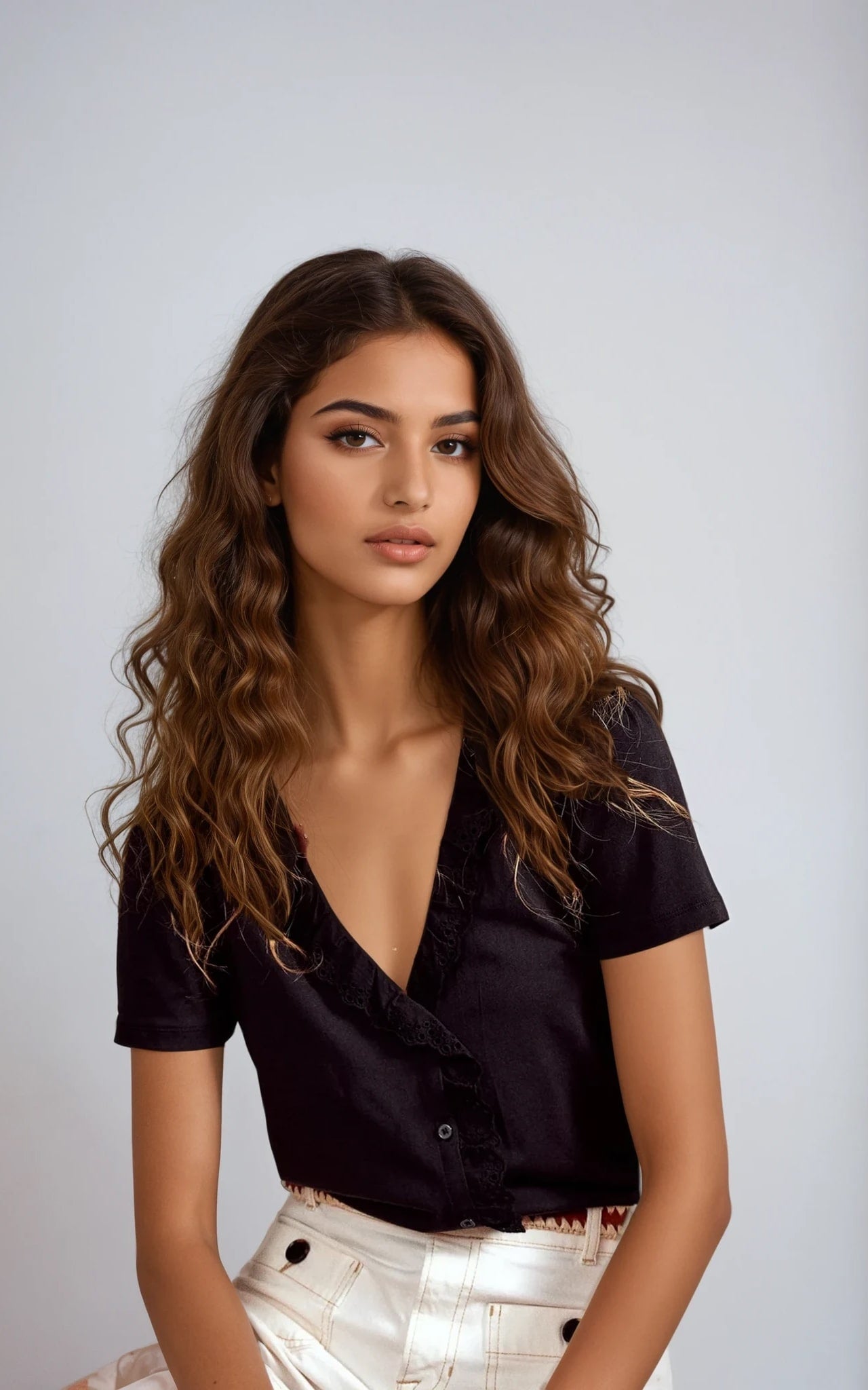 Broderie Anglaise V-Neck Top – Lightweight Embroidered Cotton Blouse Black