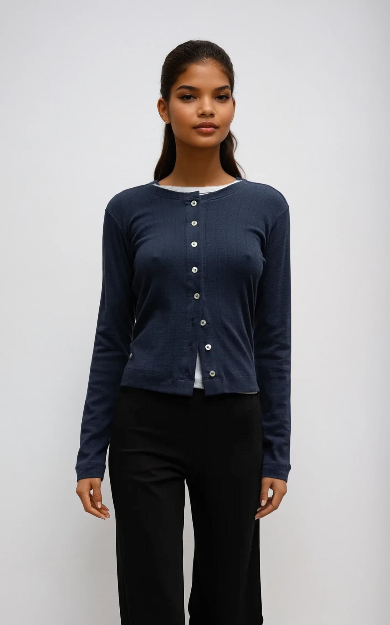 Pointelle Knit Crew Neck Cardigan – Lightweight & Timeless Fit White