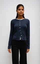 Pointelle Knit Crew Neck Cardigan – Lightweight & Timeless Fit Midnight Blue