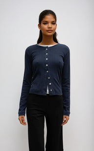 Pointelle Knit Crew Neck Cardigan – Lightweight & Timeless Fit Midnight Blue