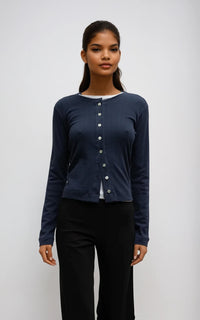 Pointelle Knit Crew Neck Cardigan – Lightweight & Timeless Fit Midnight Blue