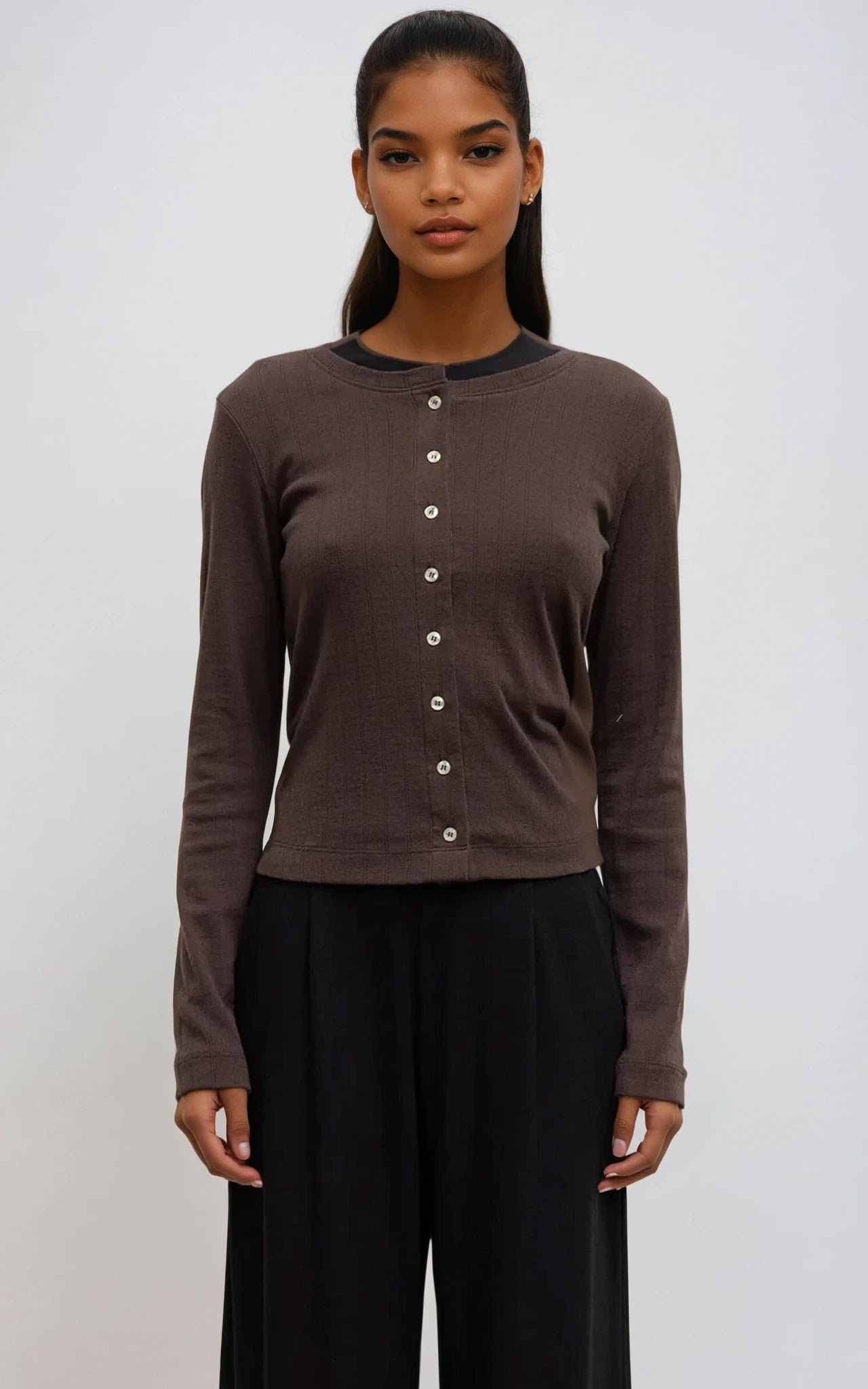 Pointelle Knit Crew Neck Cardigan – Lightweight & Timeless Fit White