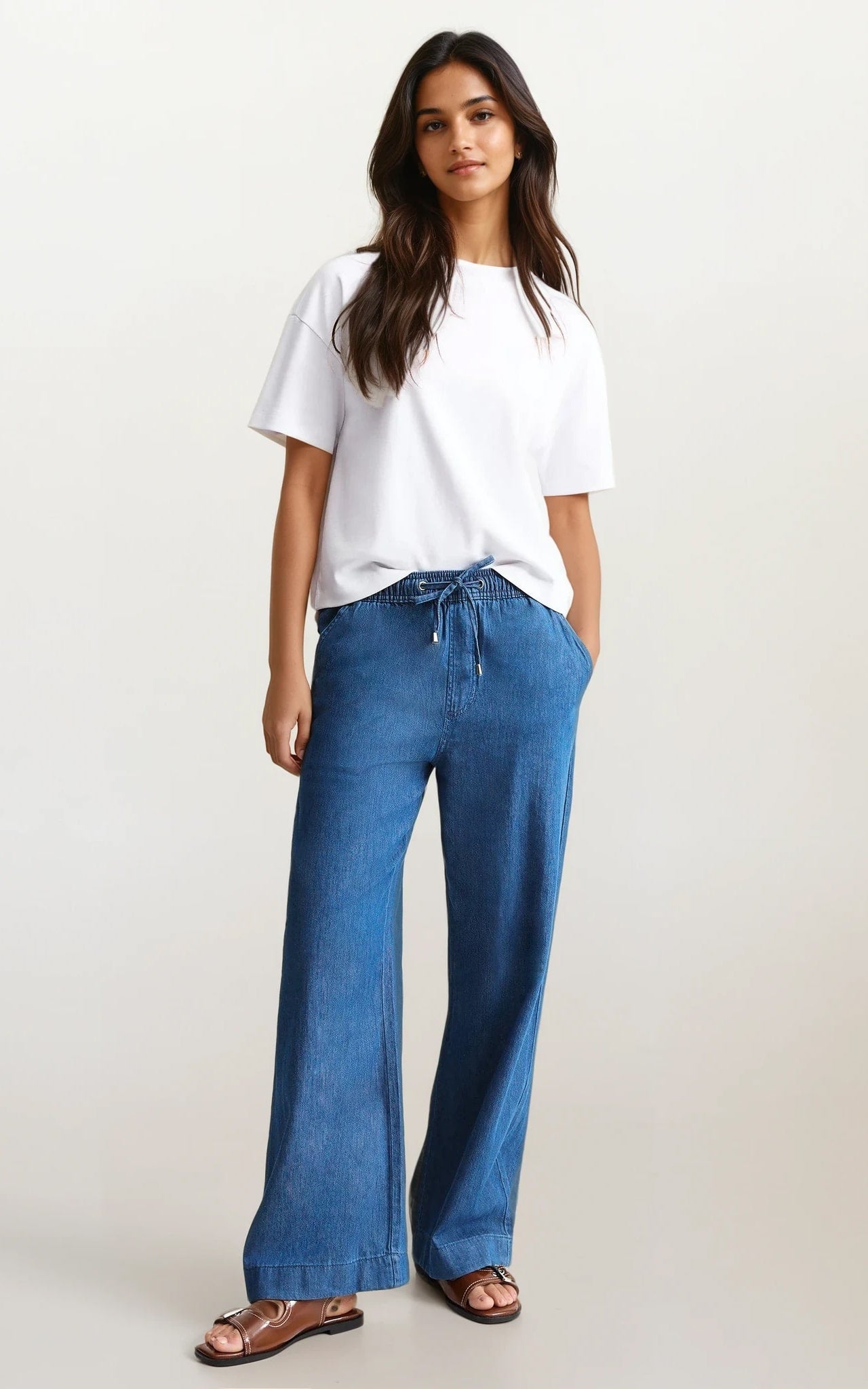 Soft Denim Trousers – Dark Blue Drawstring Waist with Relaxed Fit