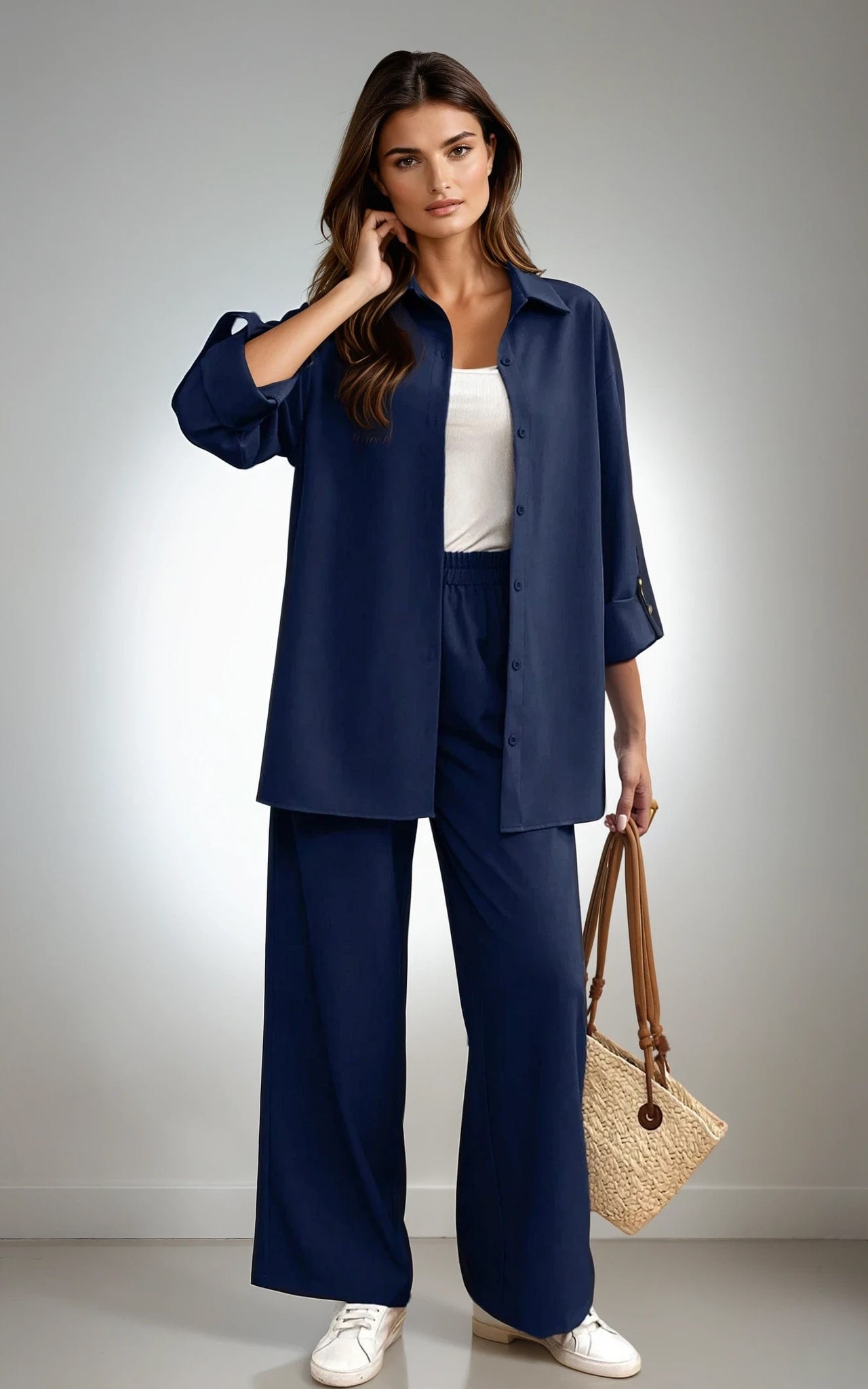 Relaxed 2-Piece Co-Ord Set – Longline Shirt with Roll-Up Sleeves & Trousers  Black