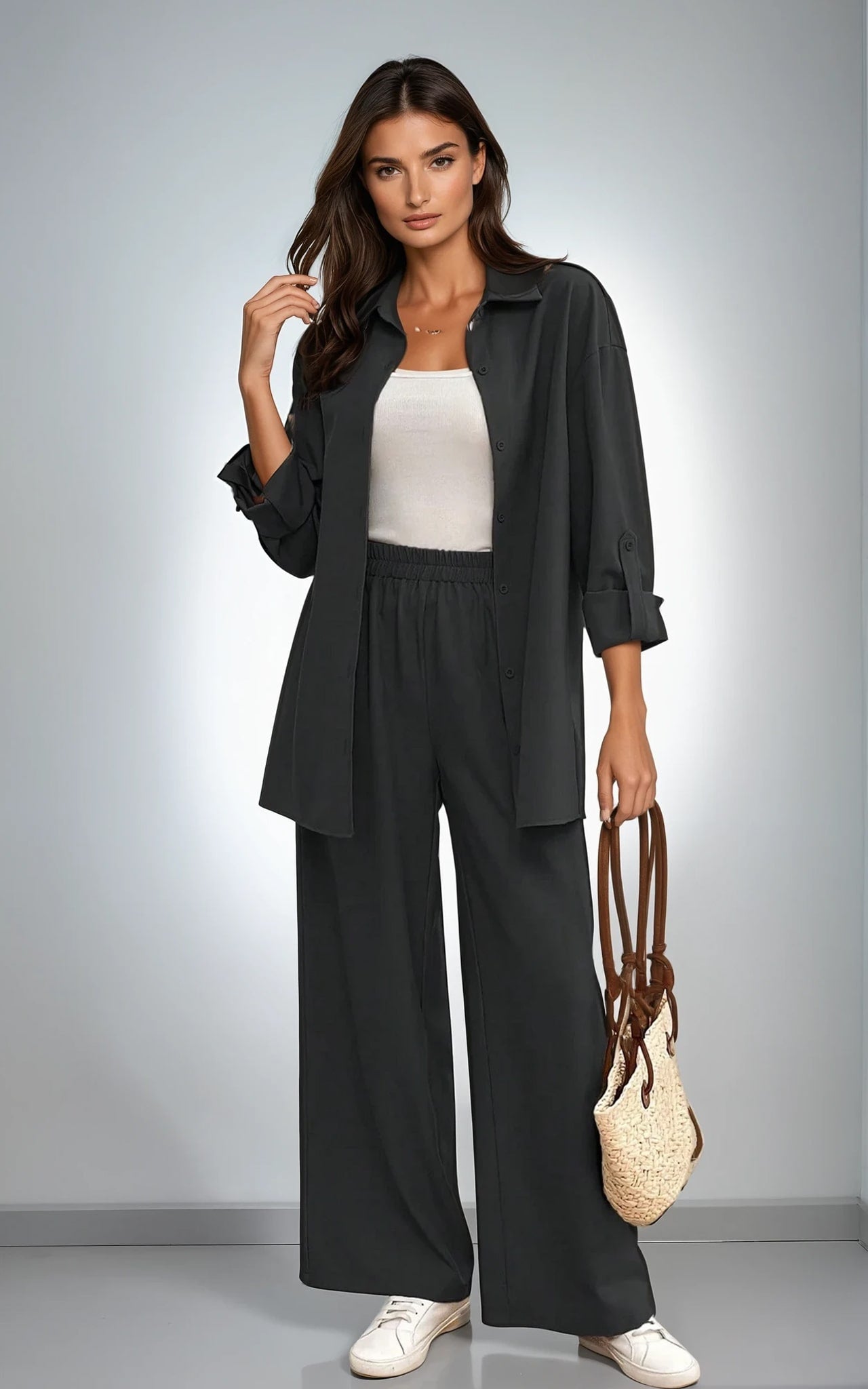 Relaxed 2-Piece Co-Ord Set – Longline Shirt with Roll-Up Sleeves & Trousers Stone