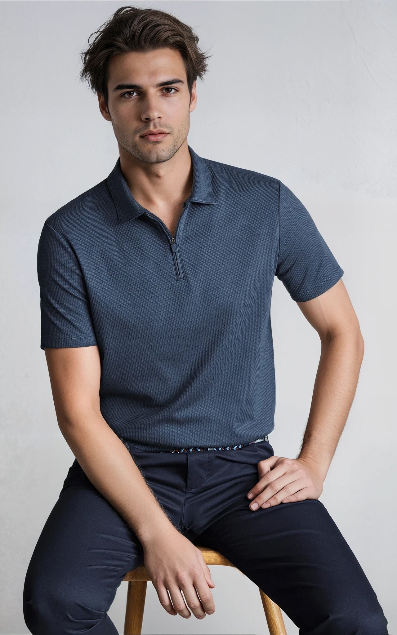 Men’s Performance Textured Zip-Neck Polo -  Black