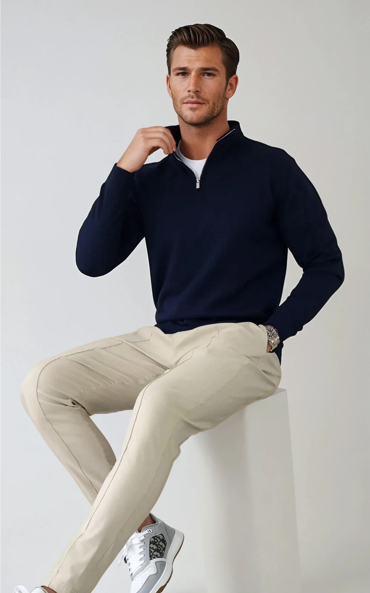 Men’s Egyptian Cotton Quarter Zip Knit Jumper - Navy