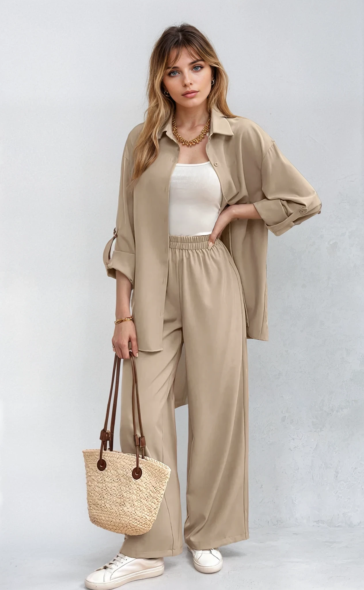 Relaxed 2-Piece Co-Ord Set – Longline Shirt with Roll-Up Sleeves & Trousers