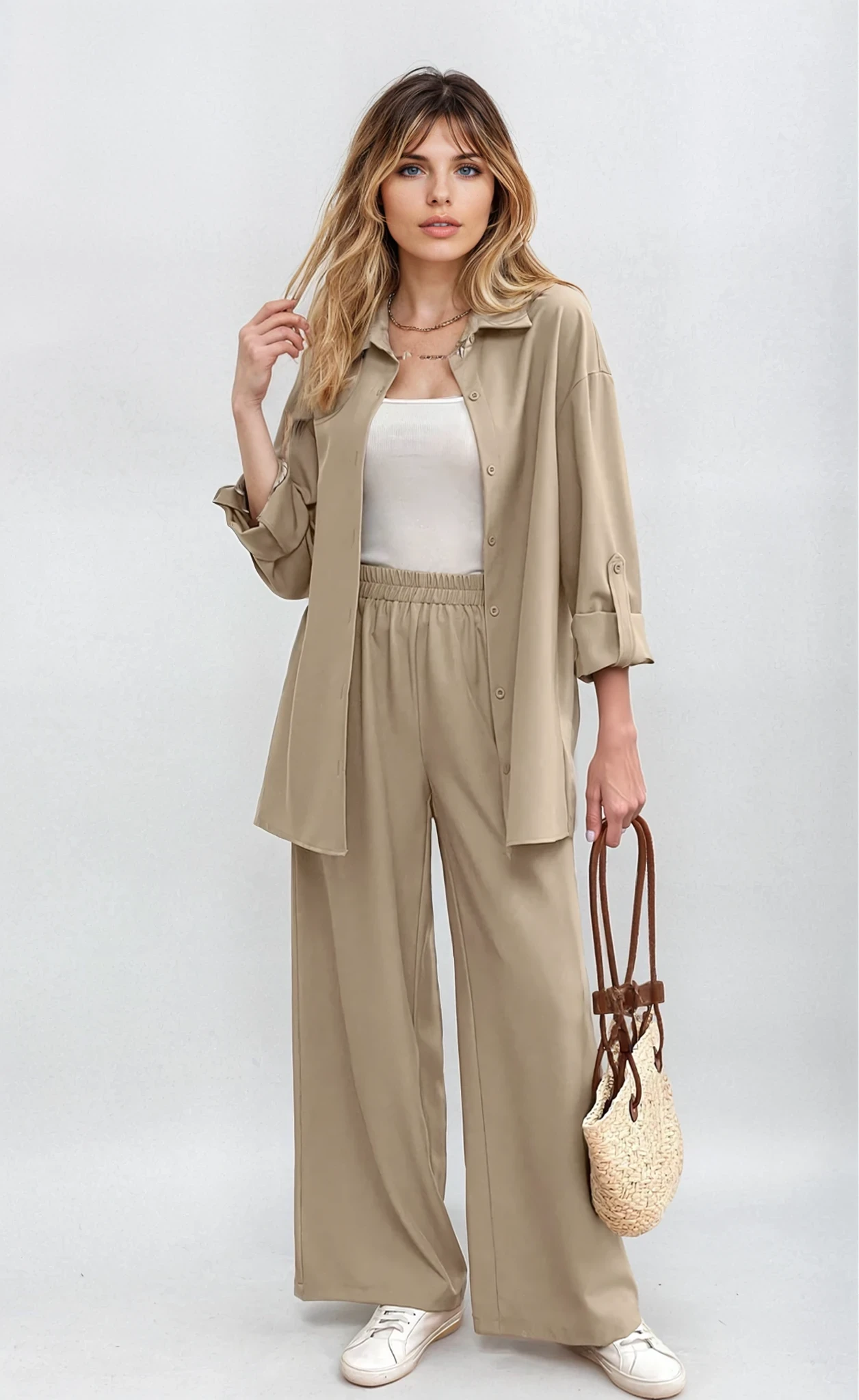 Relaxed 2-Piece Co-Ord Set – Longline Shirt with Roll-Up Sleeves & Trousers