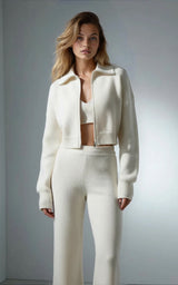 Ribbed-Knit Cropped Zip-Up Sweatshirt
