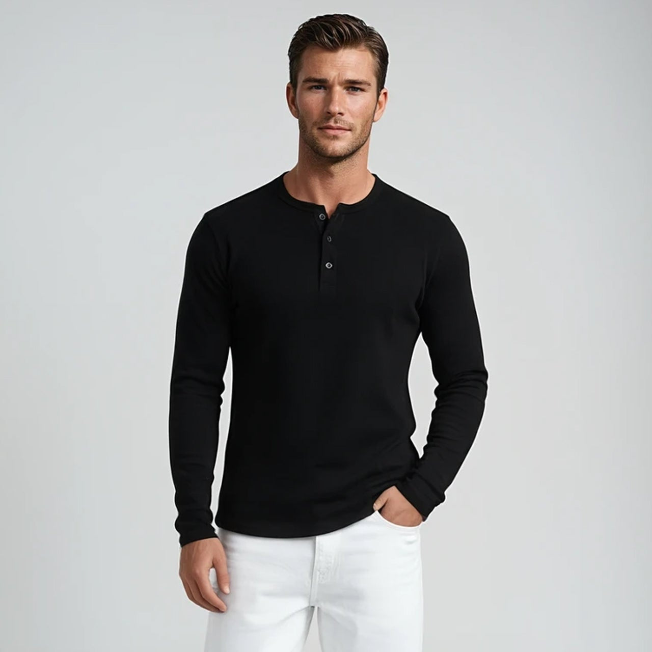 Men’s Long Sleeve Henley Top - White