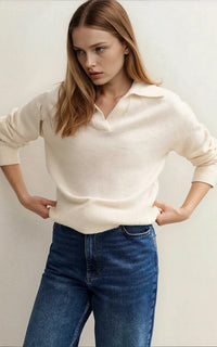 Cream Midweight Knit Polo Relaxed Jumper